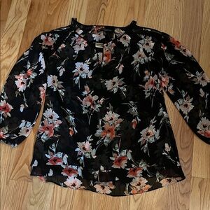 White House Black Market Floral Print Blouse - Black and Coral. Open shoulders.